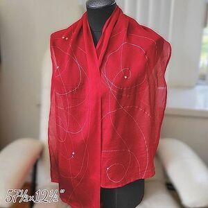 Vtg sheer crimson chiffon printed long scarf